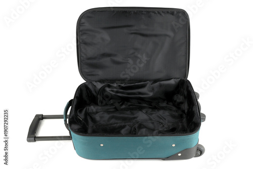 Open empty luggage isolated on white background. Teal travel hard side cabin suitcase.