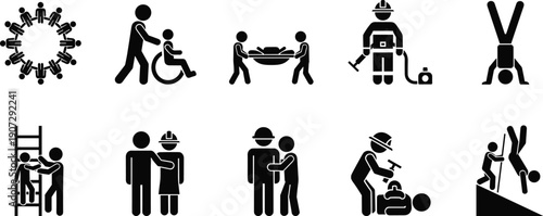 Collection of flat black pictograms representing community support, disability assistance, industrial safety, first aid emergency, construction teamwork, social care, and human cooperation symbols.
