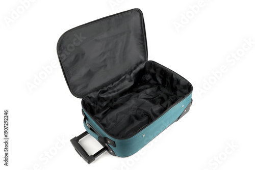 Open empty luggage isolated on white background. Teal travel hard side cabin suitcase.