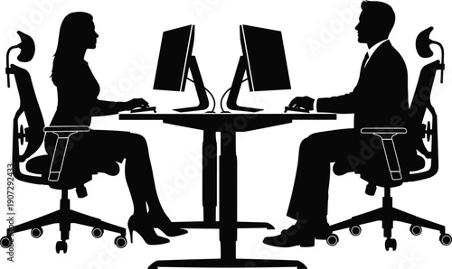 Office silhouettes, coworkers at desk, computer work, professional collaboration, workplace diversity, business environment, teamwork, gender representation – flat vector illustration