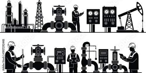 Oil and gas industry silhouettes, refinery, pumpjack, pipelines, workers, safety gear, control panels, energy production, industrial operations – flat vector illustration