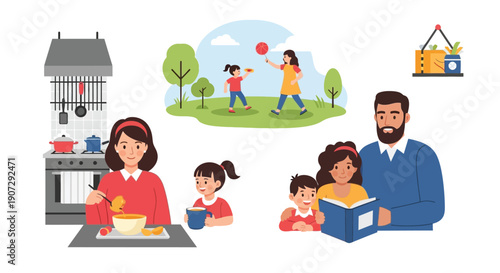 Family activities including cooking reading and playing outdoors are depicted