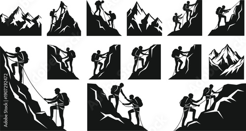 Mountain climbing silhouettes, climbers ascending peaks, teamwork, ropes, adventure, perseverance, outdoor exploration, summit achievement, mountaineering gear – flat vector illustration