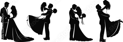 Romantic wedding couple silhouettes in elegant attire, bride and groom poses, love celebration, marriage ceremony, romantic embrace, wedding dance, bridal bouquet, flat vector illustration