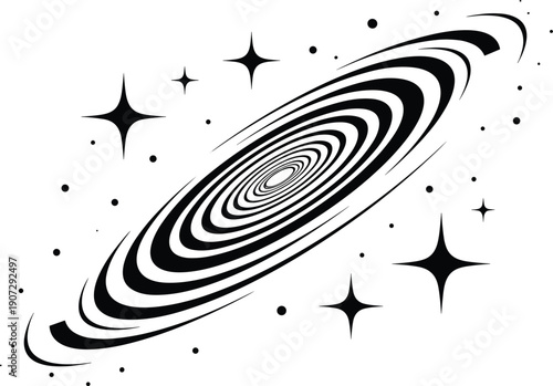 Spiral galaxy silhouette, cosmic stars, celestial bodies, astronomy design, universe art, space illustration, cosmic depth, rotation, night sky – flat vector illustration