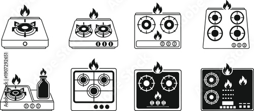 Collection of black and white gas stove icons featuring various burner configurations with flames representing kitchen cooking appliances, domestic heat, and culinary equipment.