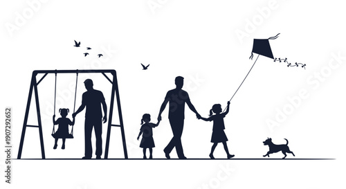Family silhouette enjoys a day at the park with a kite and dog
