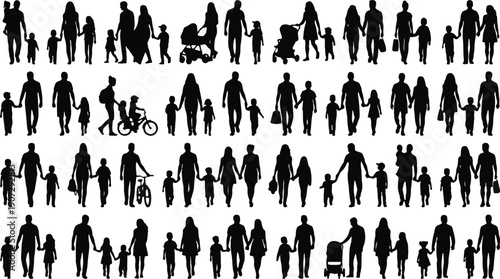 Silhouettes of families walking together holding hands with children and babies.