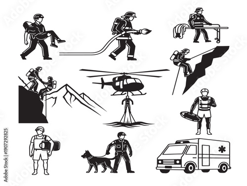 Emergency rescue silhouette icons for urgent safety and lifesaving operation themes