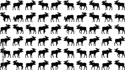 Multitude of black moose silhouettes are displayed in a grid pattern across the white background.