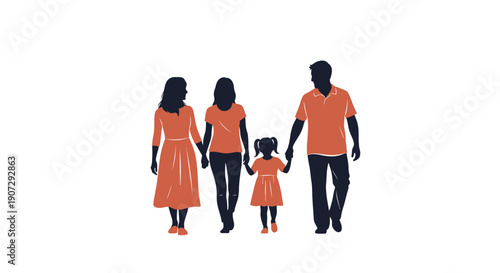 Family silhouette walking together illustration of parents and two children