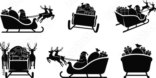 Christmas collection of Santa Claus silhouettes riding a reindeer sleigh with gift bags, festive holiday icons for winter celebration, and seasonal decorations.