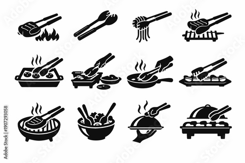 Barbecue simple grilling workflow food icon tongs image set tray generation vector