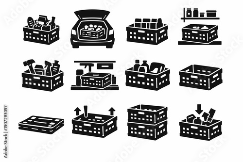 Generation context set simple garage image car organizing storage crate vector symbols