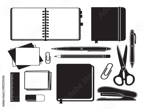 Notebook stationery silhouette icons for academic study and journaling design elements