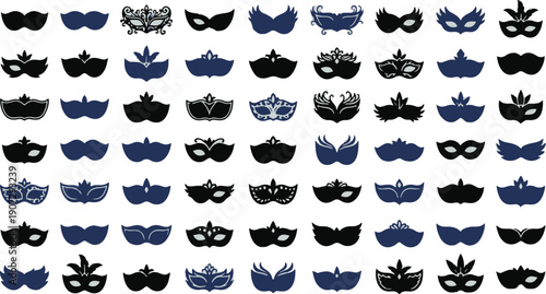 Collection of various black and blue ornate masks are displayed in a grid pattern.