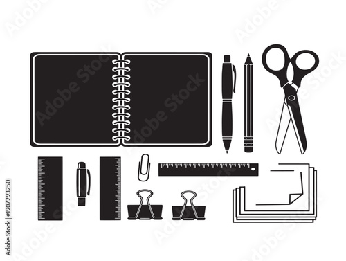 Notebook stationery silhouette icons for creative writing and office supply themes