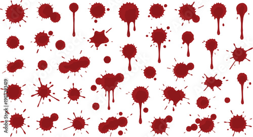 Collection of various crimson blood splatters and drips in different sizes and shapes.