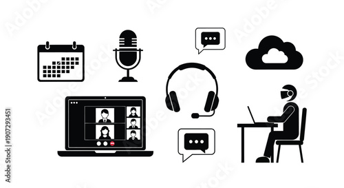 Digital communication icons depicting podcasting video conferencing and online learning