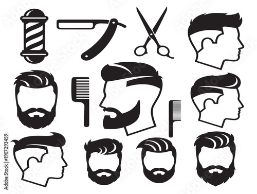 Barbershop haircut silhouette icons for classic grooming and professional styling themes