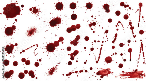 Numerous dark red splattered blood drops and drips are arranged across the white background.