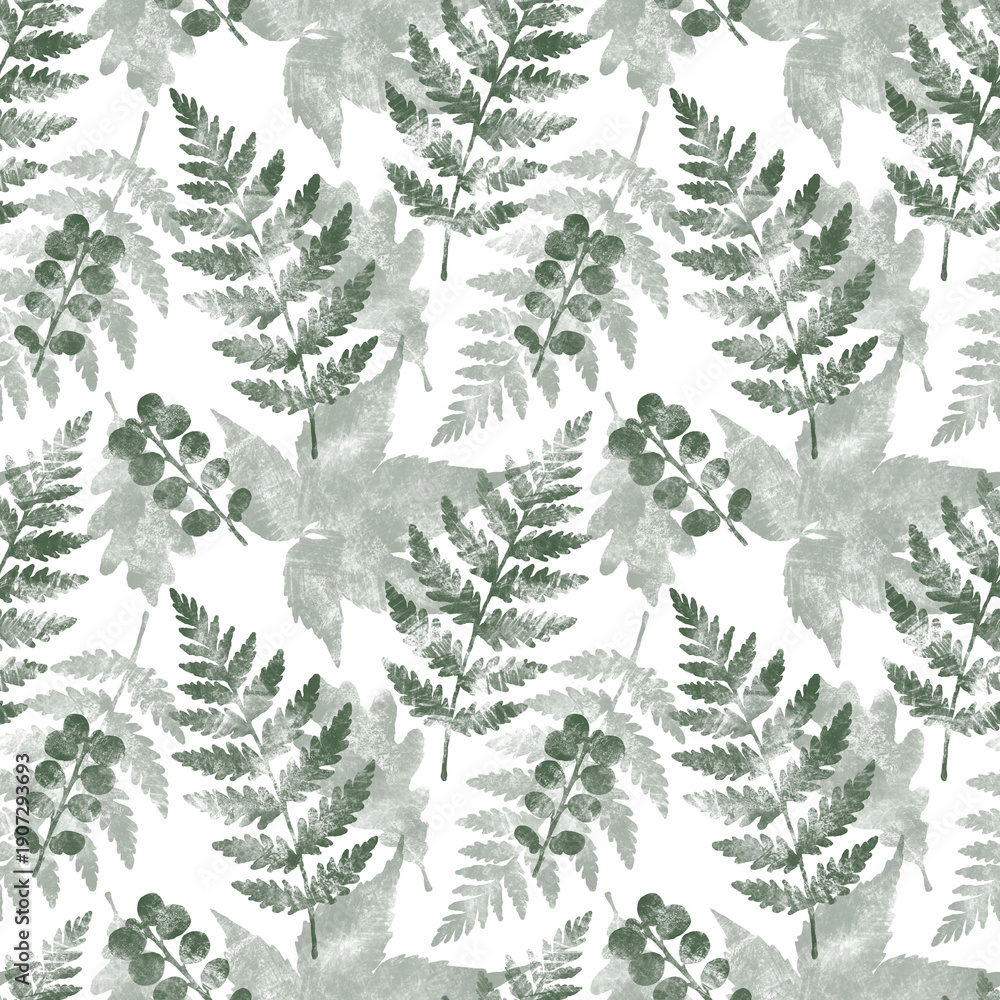 Obraz premium Watercolor seamless pattern with fern leaves in natural green tones on a white background. Ideal for textiles, wallpapers, packaging, stationery, and nature-inspired designs.