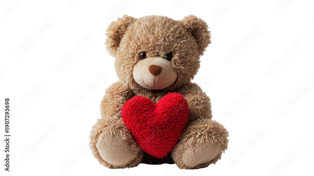 Obraz premium Classic brown teddy bear sitting and holding big red heart plushie mascot design