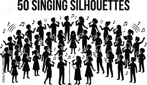 Diverse group of fifty singing silhouettes performs together, some holding microphones and others sheet music.