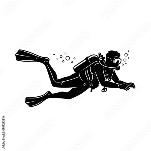 Scuba Diver Silhouette Vector Icon – Underwater Swimmer with Oxygen Tank and Fins Symbol