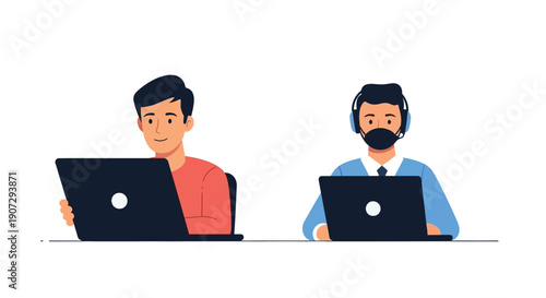 Two men working on laptops one with headphones and a face mask