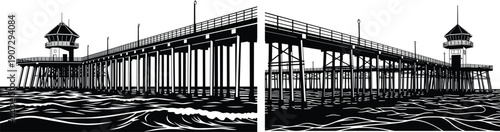 Black and white silhouette of a long wooden pier over ocean waves with a lighthouse tower for coastal travel and tourism.