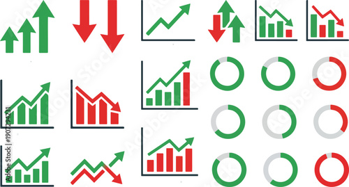 Various upward and downward trending bar and line graphs along with circular progress indicators are shown.