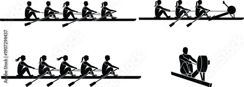 Rowing team silhouettes collection featuring men and women in sculling boats and using indoor rowing machines for sports training and teamwork concepts.