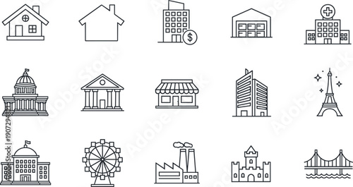 Linear vector icon set for real estate and architectural landmarks featuring residential houses commercial offices hospitals banks factories warehouses government buildings and global monuments