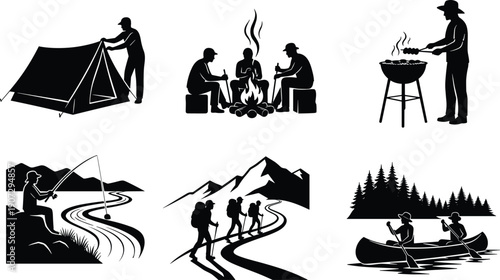 Camping and outdoor adventure silhouettes hiking fishing cooking campfire canoe travel nature activities vector illustration isolated on white background