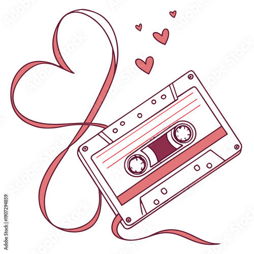 Retro Cassette Tape with Heart Shaped Ribbon – Vintage 80s Music Love Illustration, Valentines Day Aesthetic Vector Art for Romantic Playlist, Wedding Invite, and Indie Nostalgic Greeting Card Design