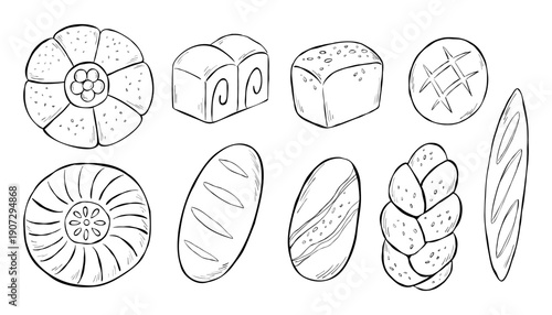 Collection of vector sketch illustration with different types of bread isolated on a white background. Line ink drawing of bakery assortment for menu, advertising, logo, or web banner. 