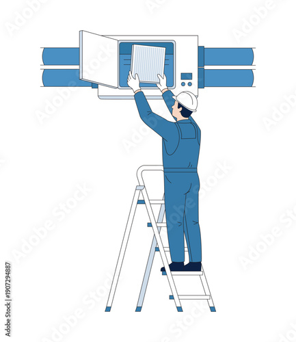 Professional technician in overalls and a protective helmet standing on a folding ladder and replacing an air filter in an HVAC ventilation system. Flat vector illustration