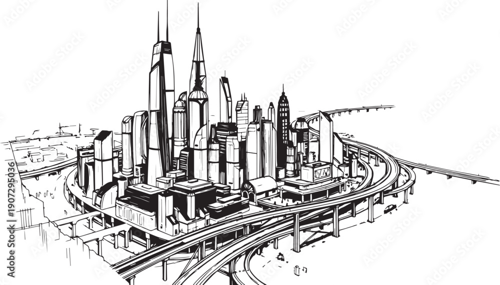 Fototapeta premium City landscape. Different buildings on street, outline cityscape hand sketch, flat houses. Hand drawn vector illustration