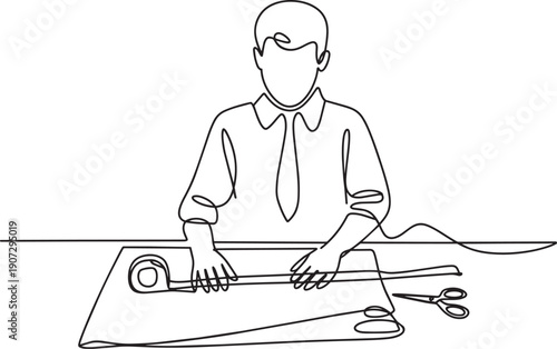 Continuous line drawing of man sewing clothes on table with measuring tape and scissors