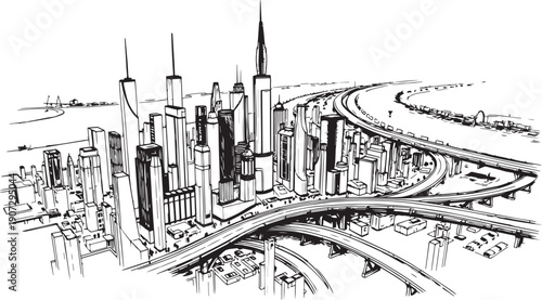 City landscape. Different buildings on street, outline cityscape hand sketch, flat houses. Hand drawn vector illustration
