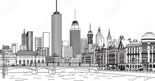 City landscape. Different buildings on street, outline cityscape hand sketch, flat houses. Hand drawn vector illustration