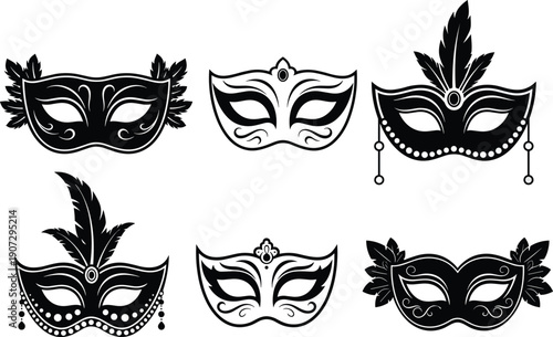 Collection of black and white masquerade mask silhouettes with feathers and intricate patterns for carnival party invitations and mystery event decor.