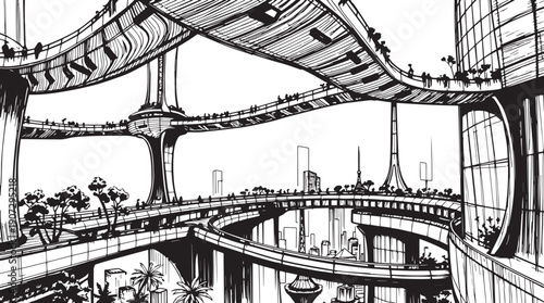 City landscape. Different buildings on street, outline cityscape hand sketch, flat houses. Hand drawn vector illustration