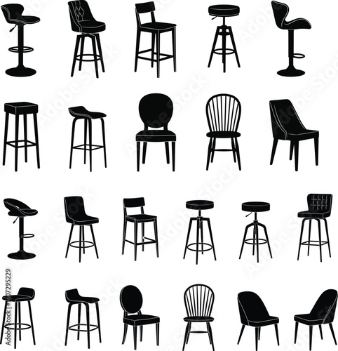 Chair and stool silhouettes collection furniture seating designs modern classic bar chairs vector illustration isolated on white background