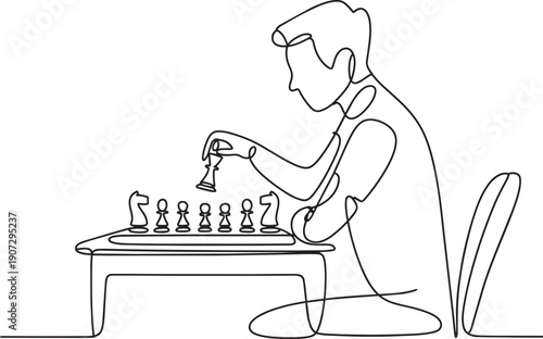 Minimalist one line illustration of man playing chess at table thinking about next strategic move