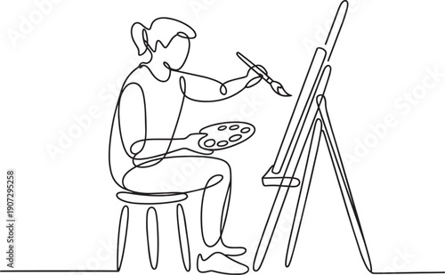Single continuous line drawing of artist painting on canvas easel palette and brush