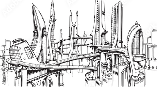 City landscape. Different buildings on street, outline cityscape hand sketch, flat houses. Hand drawn vector illustration