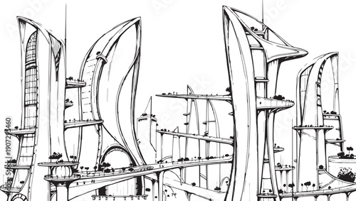 City landscape. Different buildings on street, outline cityscape hand sketch, flat houses. Hand drawn vector illustration