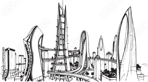 City landscape. Different buildings on street, outline cityscape hand sketch, flat houses. Hand drawn vector illustration